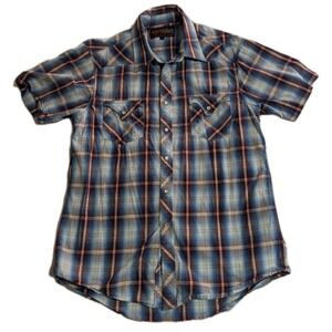 Rock & Roll Cowboy‎ Plaid Snap Shirt Men's Large Blue Red Western Short Sleeve